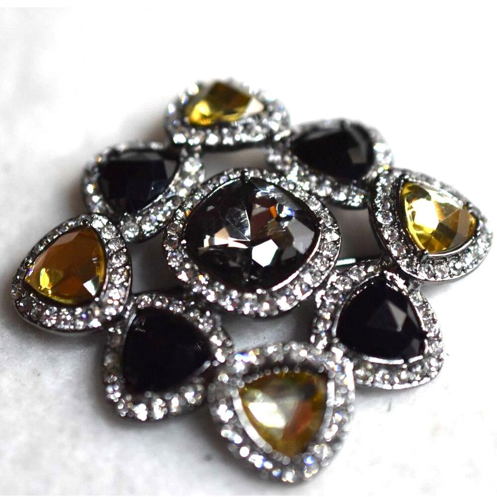 Premier Designs Retired Dr.Gray/Yellow Teardrop Crystal Rhinestone 2" Brooch